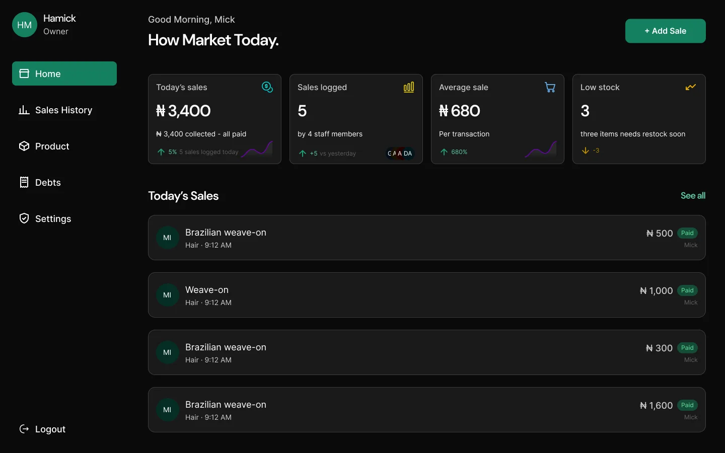 The JOHTA dashboard showing today's sales, totals and recent entries